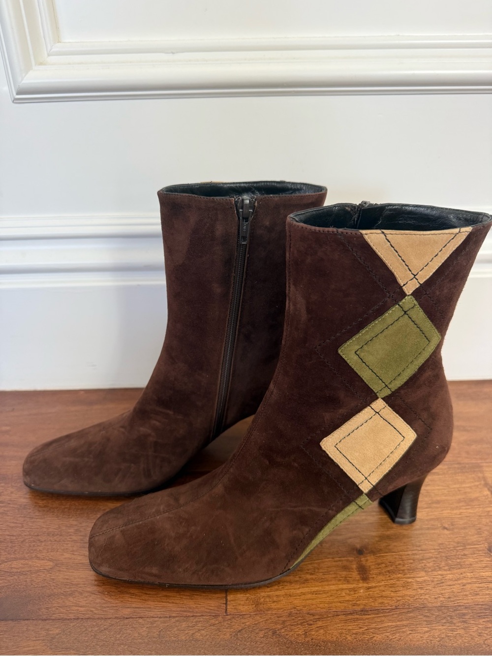 Vintage Joan & David Suede Argyle Patchwork Boots Italy